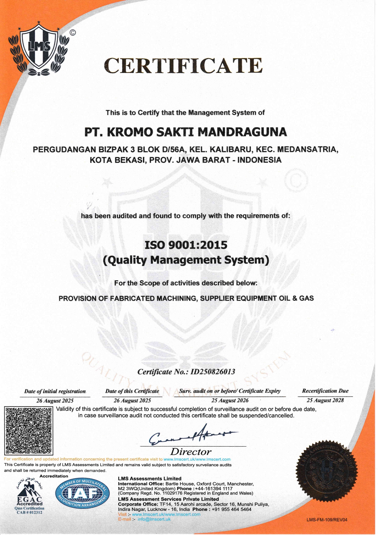 Sertifikat PT KROMO SAKTI MANDRAGUNA